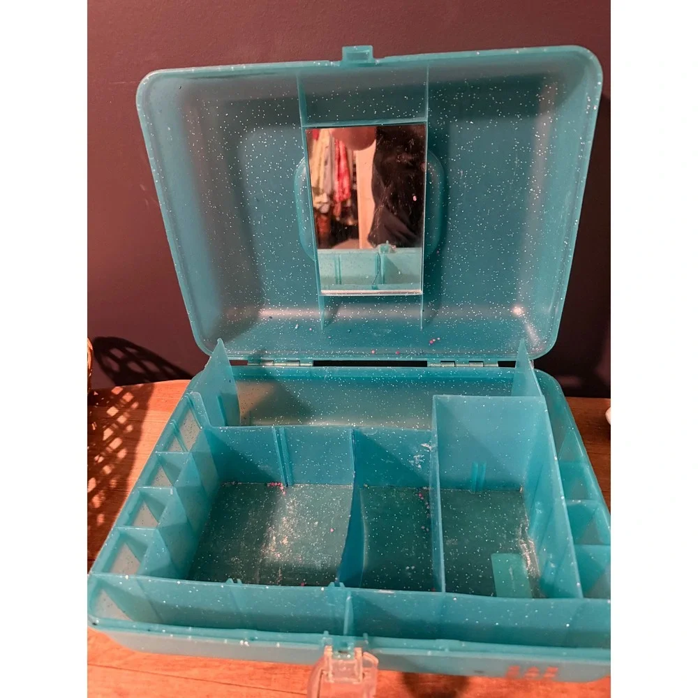 Vintage Caboodles Jellies Organizer Vanity Teal Blue Glitter Makeup Case 2762